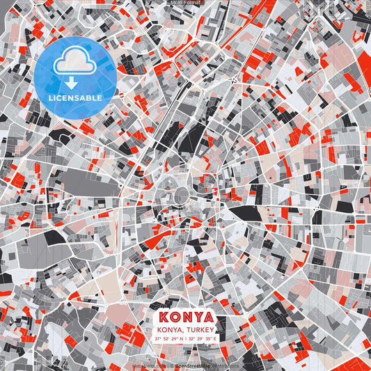 Konya, Konya, Turkey - modern street map poster template with gray and red tones