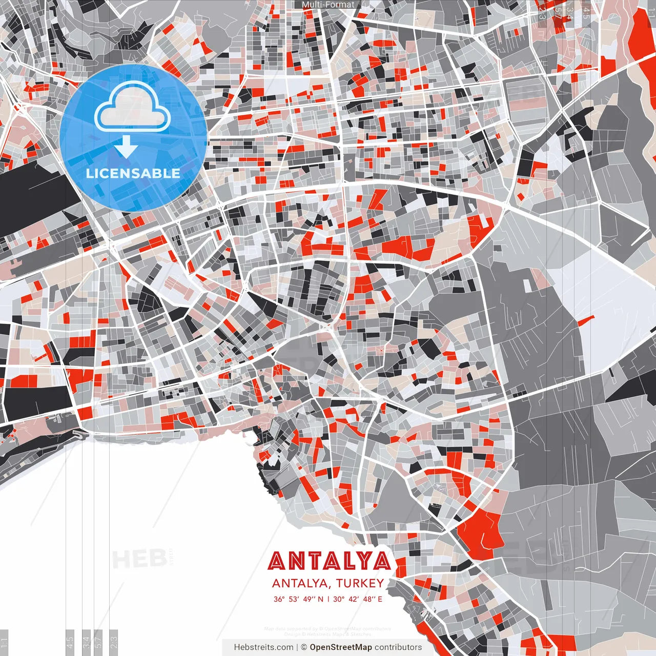 Antalya, Antalya, Turkey - modern street map poster template with gray and red tones