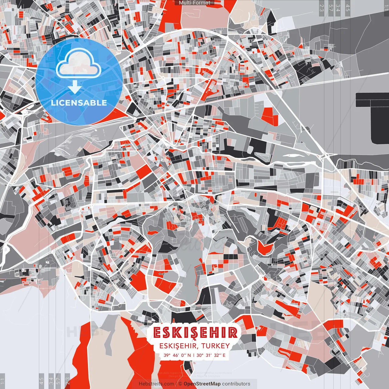 Eskişehir, Eskişehir, Turkey - modern street map poster template with gray and red tones