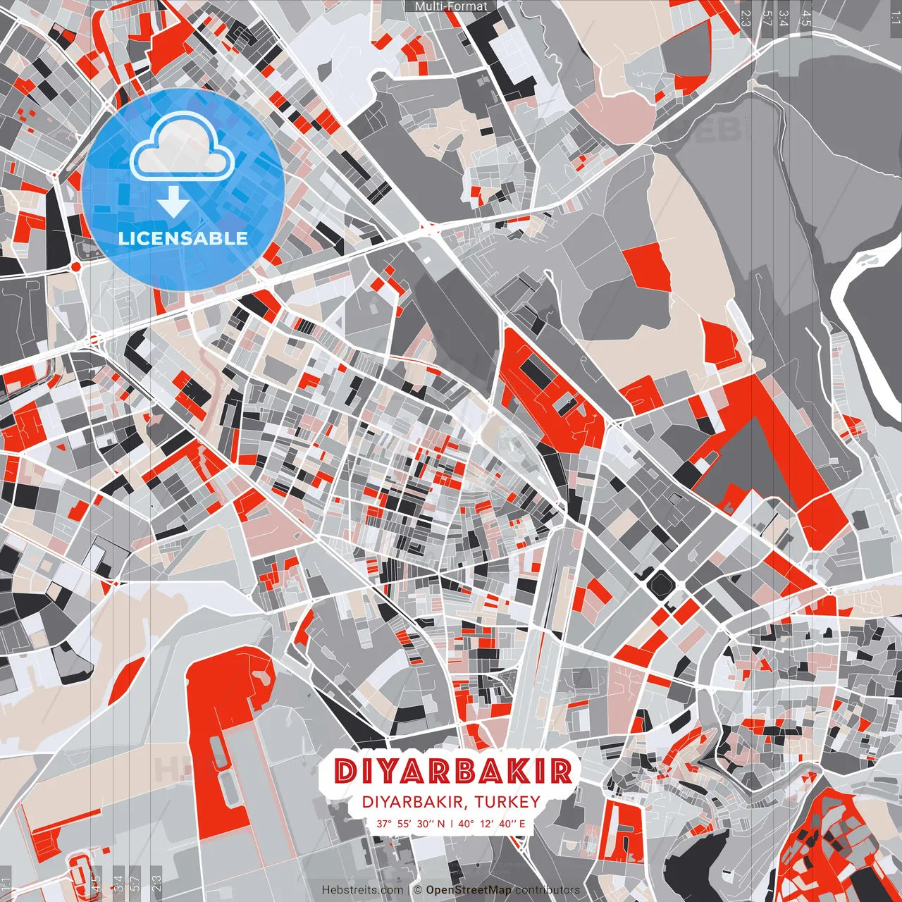 Diyarbakır, Diyarbakır, Turkey - modern street map poster template with gray and red tones