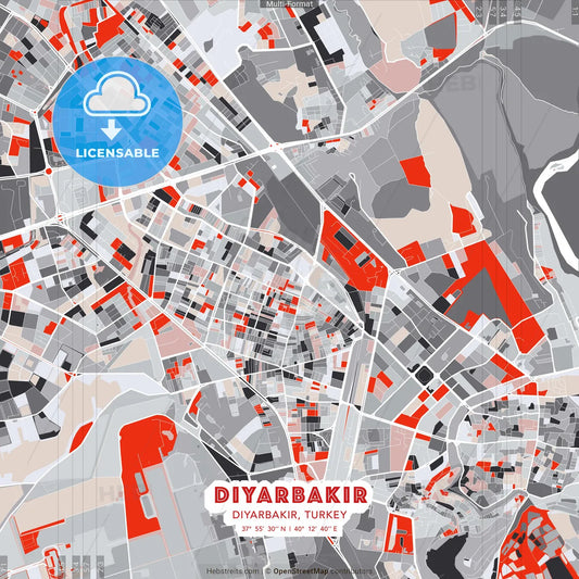 Diyarbakır, Diyarbakır, Turkey - modern street map poster template with gray and red tones