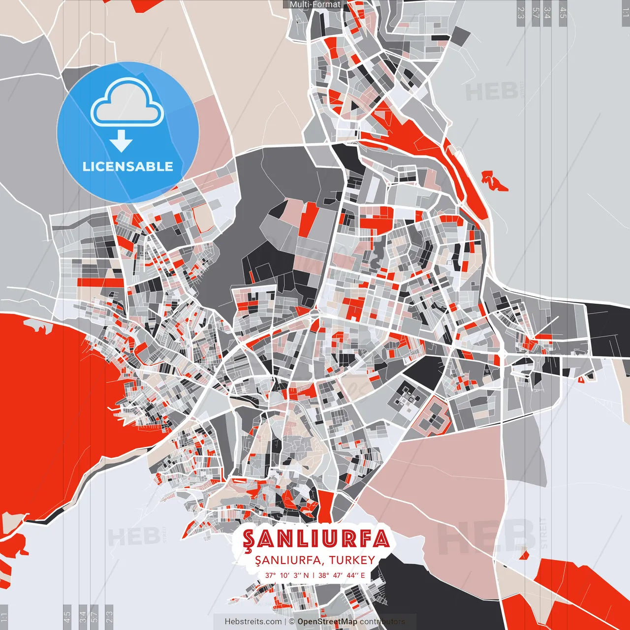 Şanlıurfa, Şanlıurfa, Turkey - modern street map poster template with gray and red tones