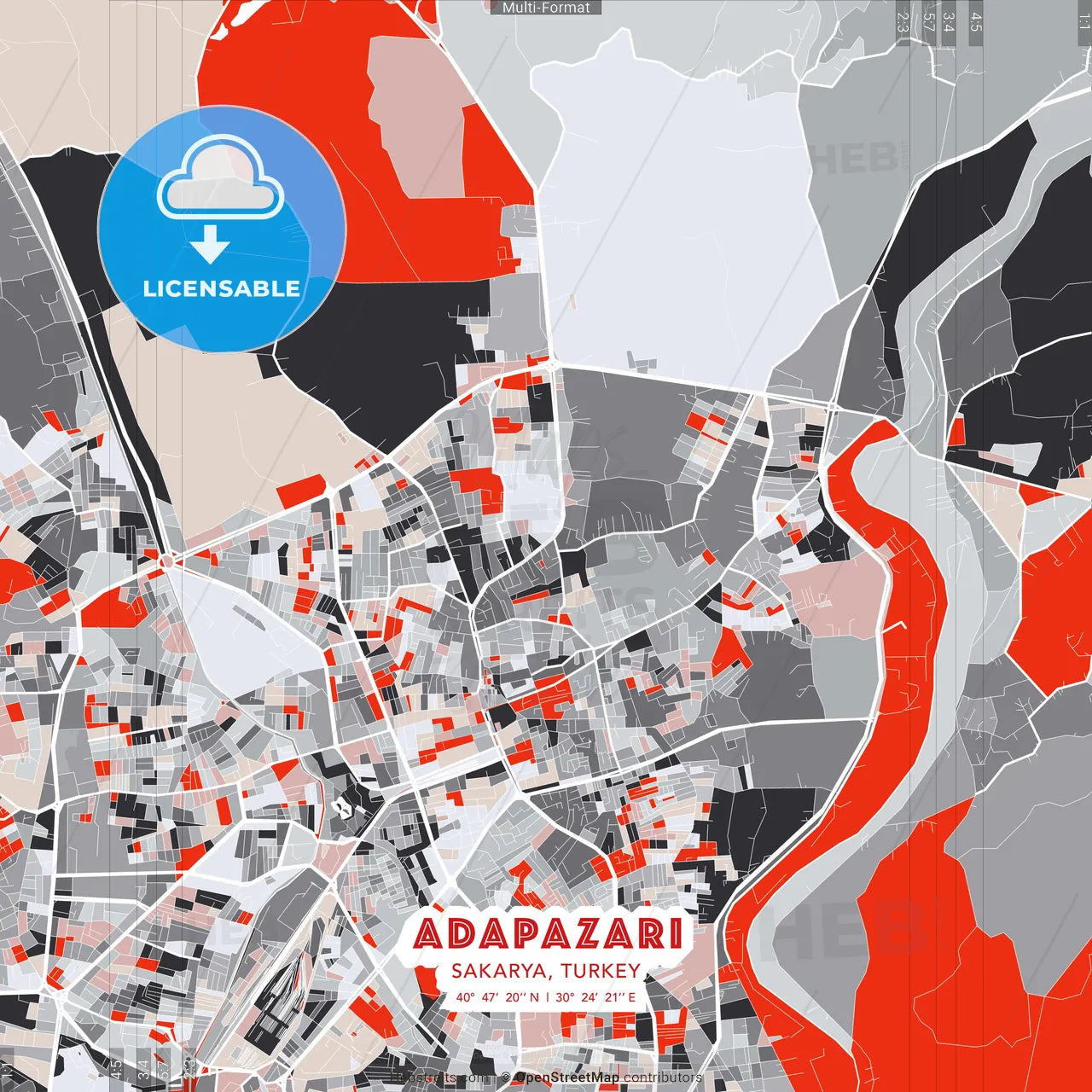 Adapazarı, Sakarya, Turkey - modern street map poster template with gray and red tones