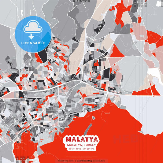 Malatya, Malatya, Turkey - modern street map poster template with gray and red tones
