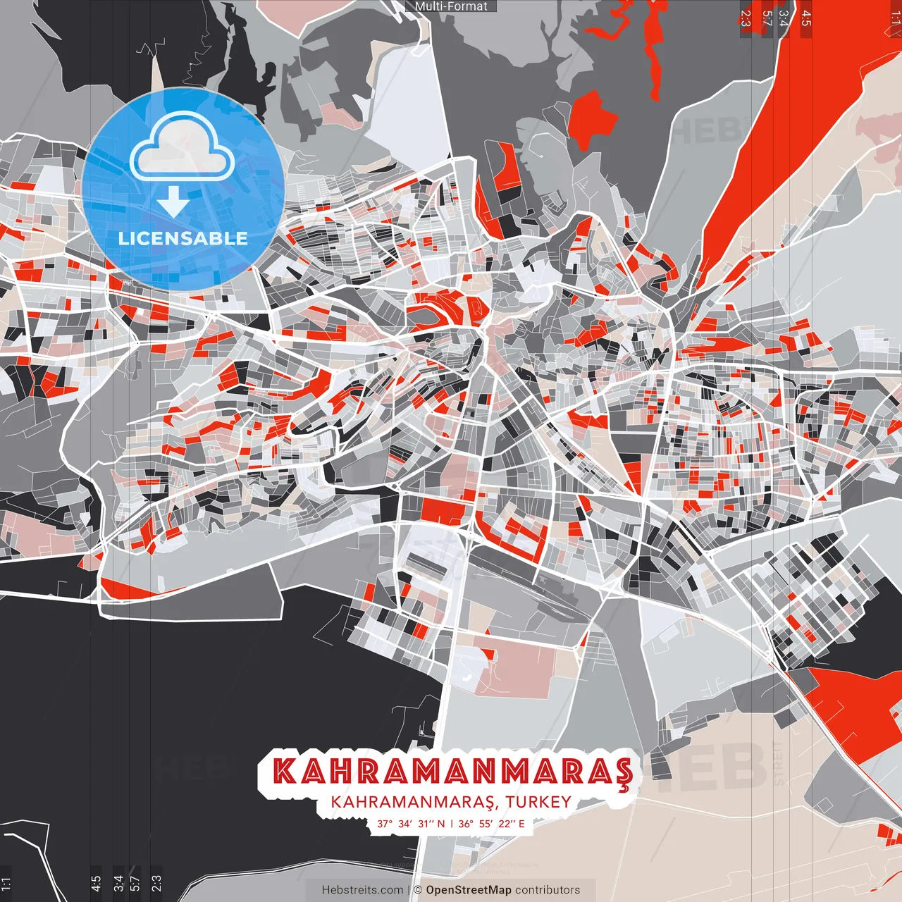 Kahramanmaraş, Kahramanmaraş, Turkey - modern street map poster template with gray and red tones