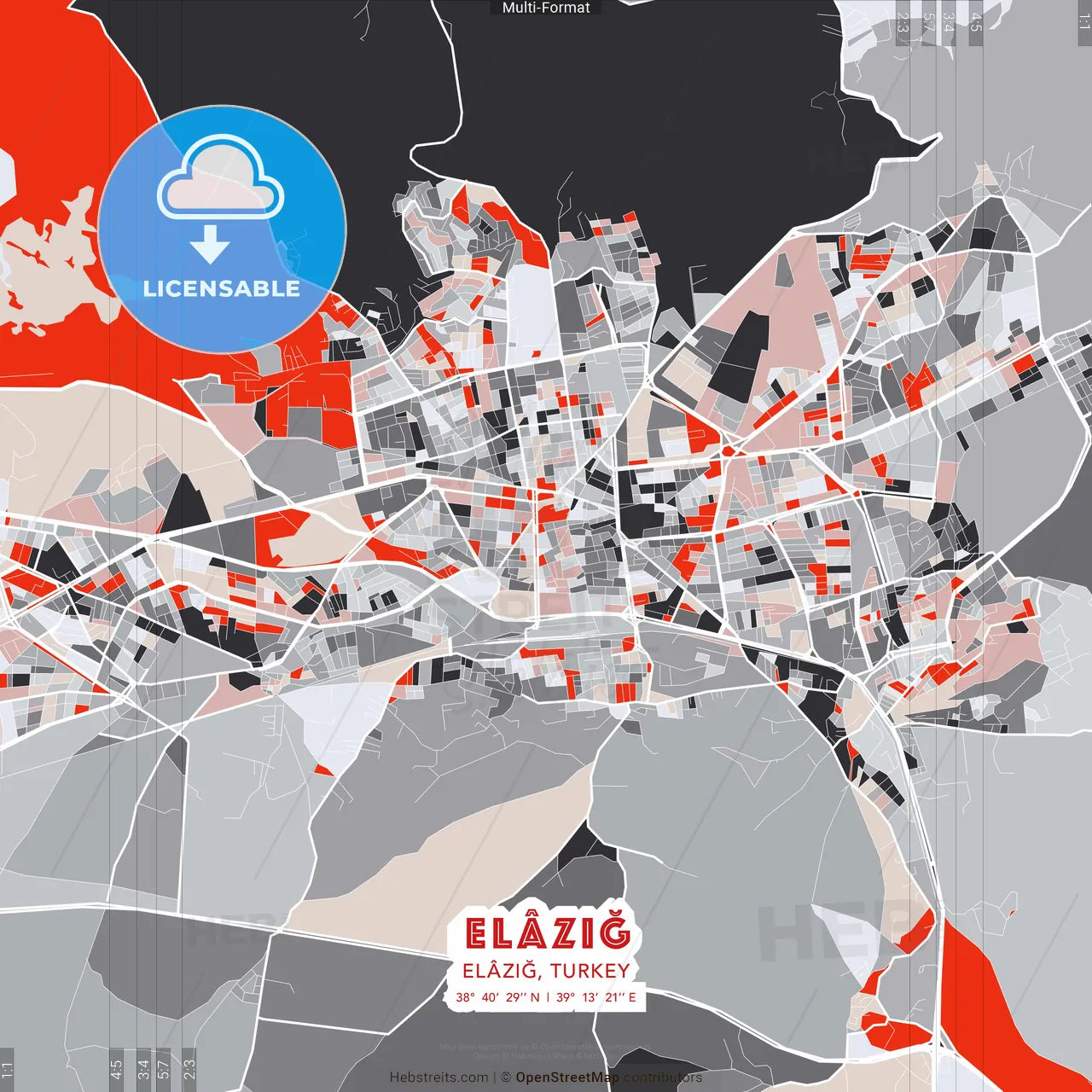 Elâzığ, Elâzığ, Turkey - modern street map poster template with gray and red tones