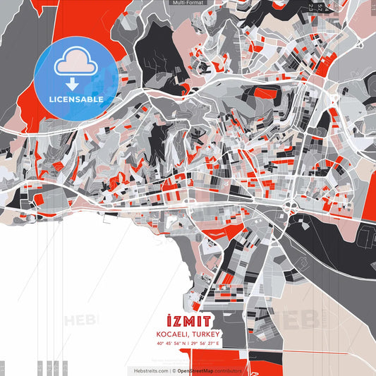 İzmit, Kocaeli, Turkey - modern street map poster template with gray and red tones
