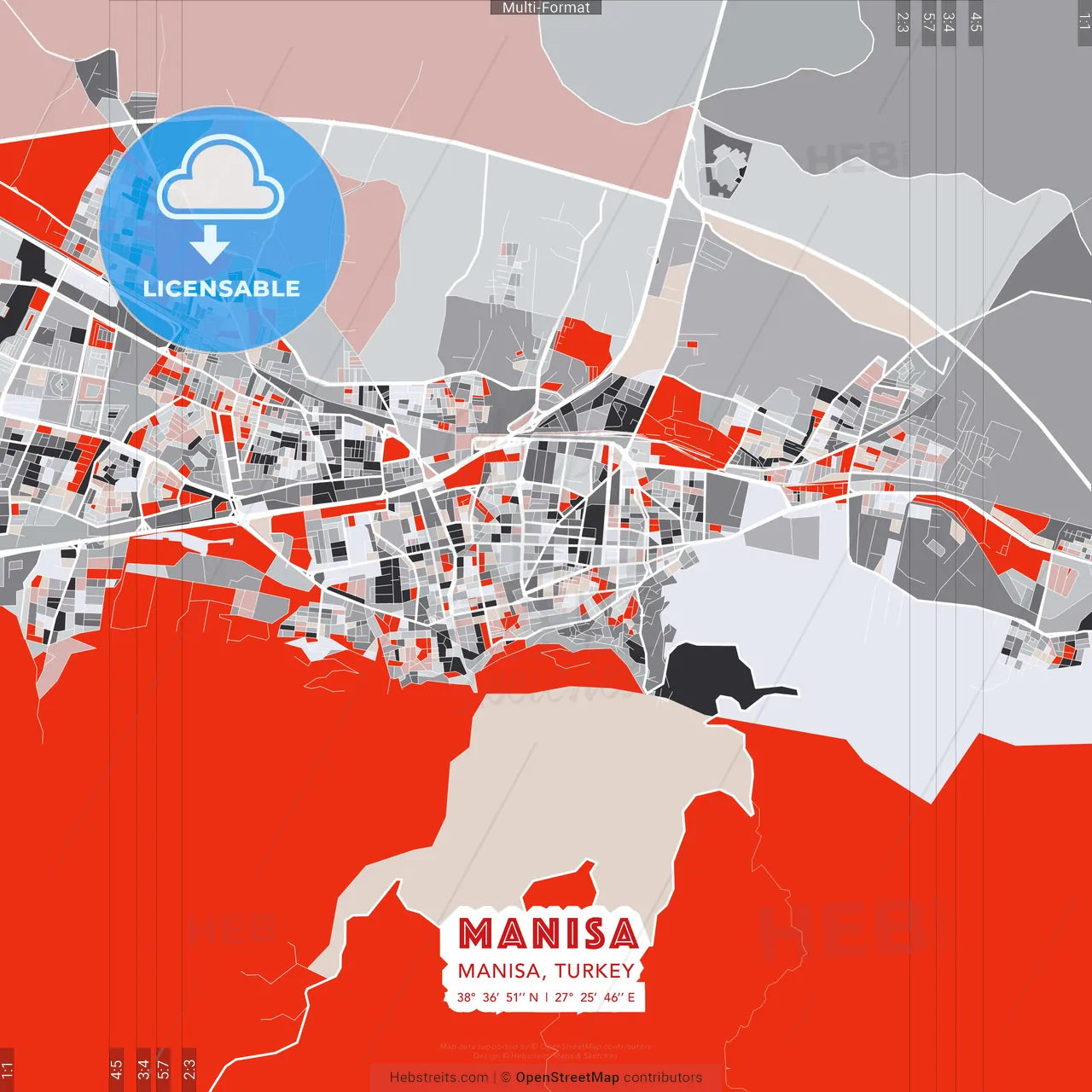 Manisa, Manisa, Turkey - modern street map poster template with gray and red tones