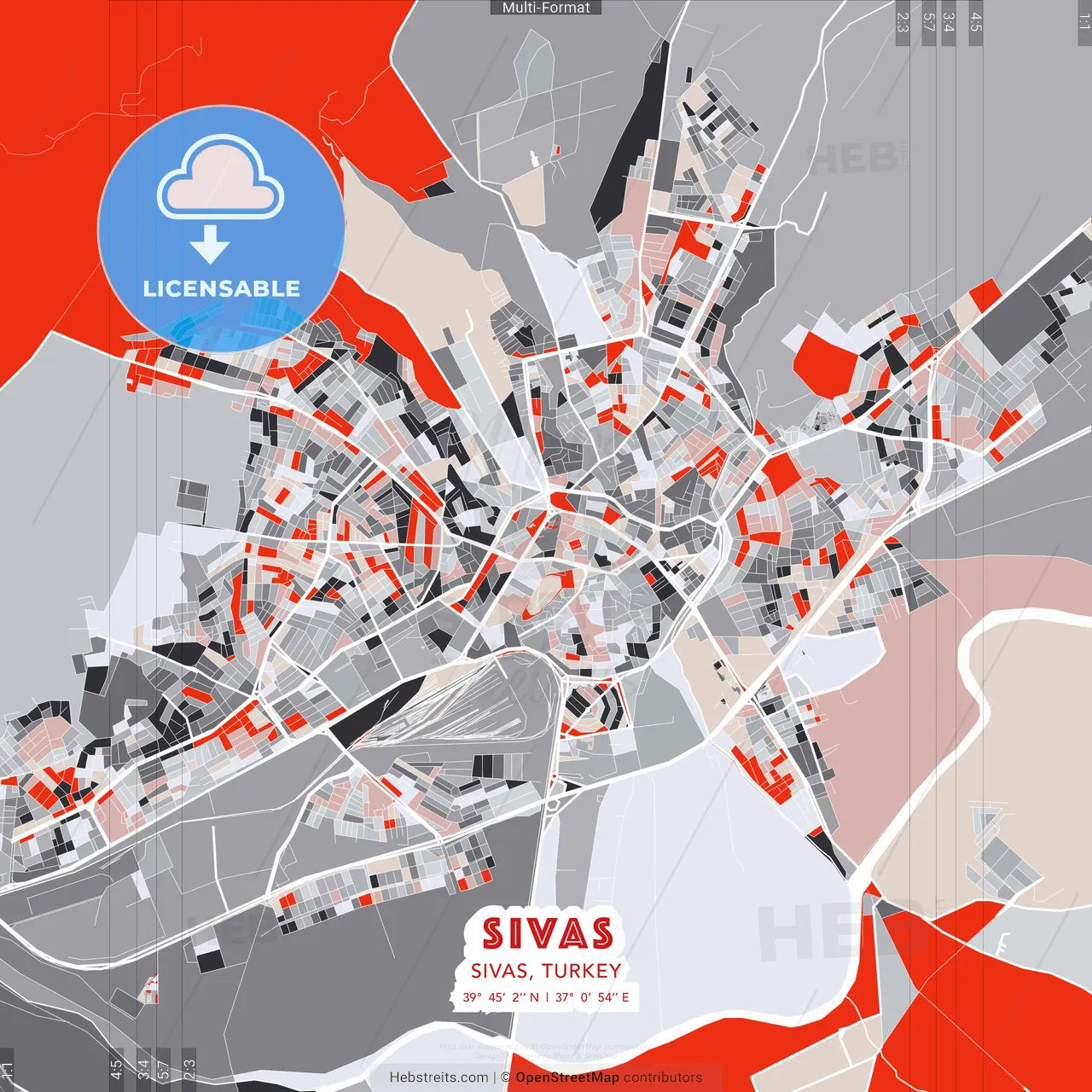 Sivas, Sivas, Turkey - modern street map poster template with gray and red tones
