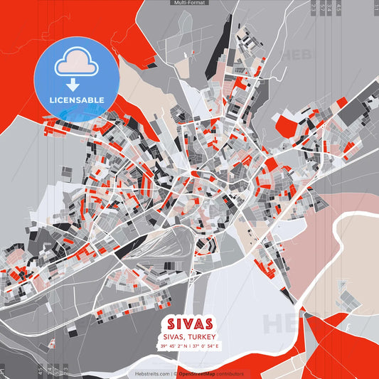 Sivas, Sivas, Turkey - modern street map poster template with gray and red tones