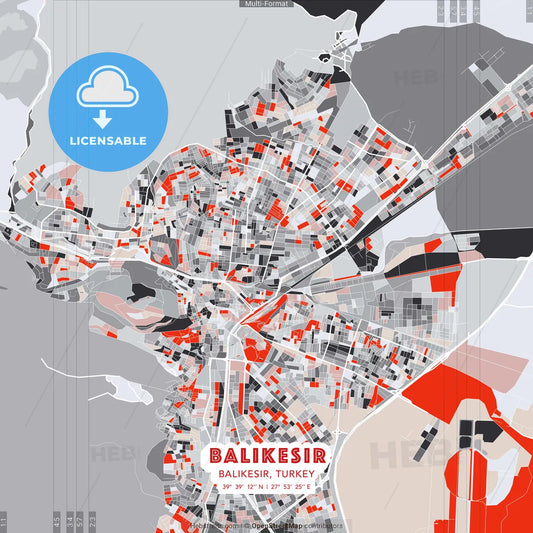 Balıkesir, Balıkesir, Turkey - modern street map poster template with gray and red tones
