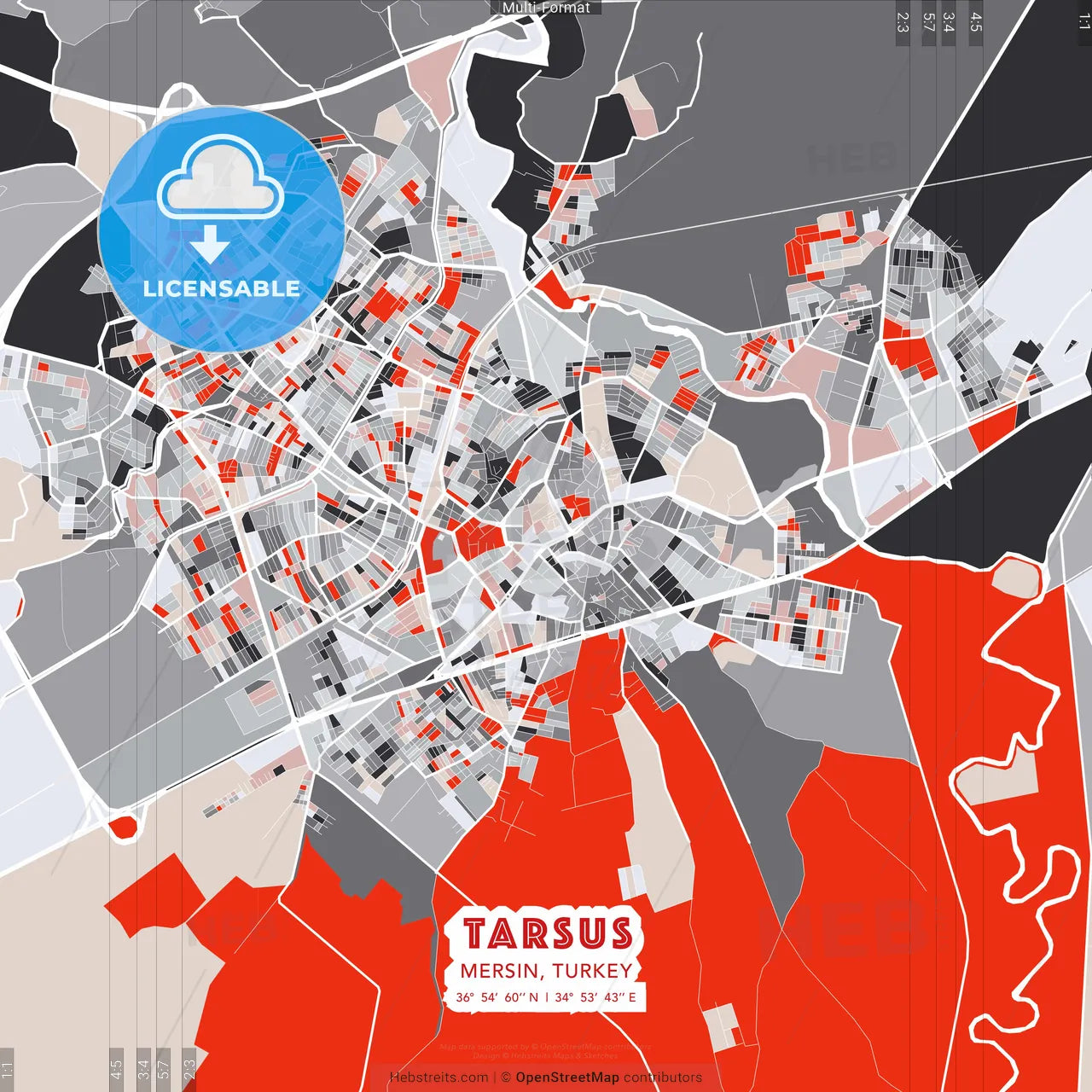 Tarsus, Mersin, Turkey - modern street map poster template with gray and red tones