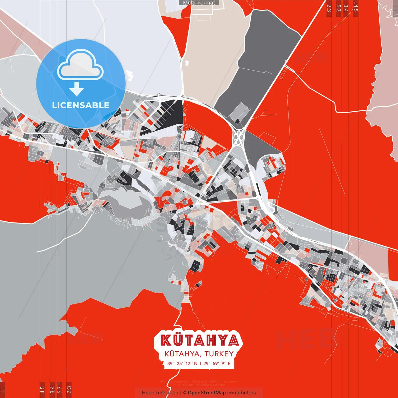 Kütahya, Kütahya, Turkey - modern street map poster template with gray and red tones