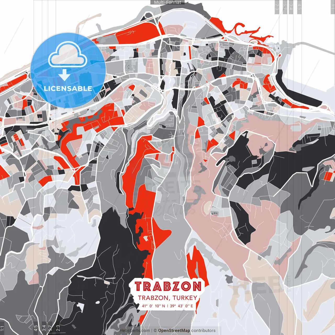 Trabzon, Trabzon, Turkey - modern street map poster template with gray and red tones