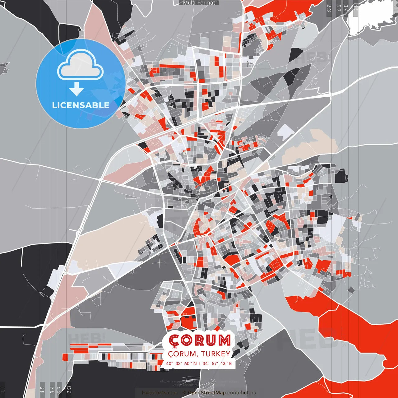 Çorum, Çorum, Turkey - modern street map poster template with gray and red tones