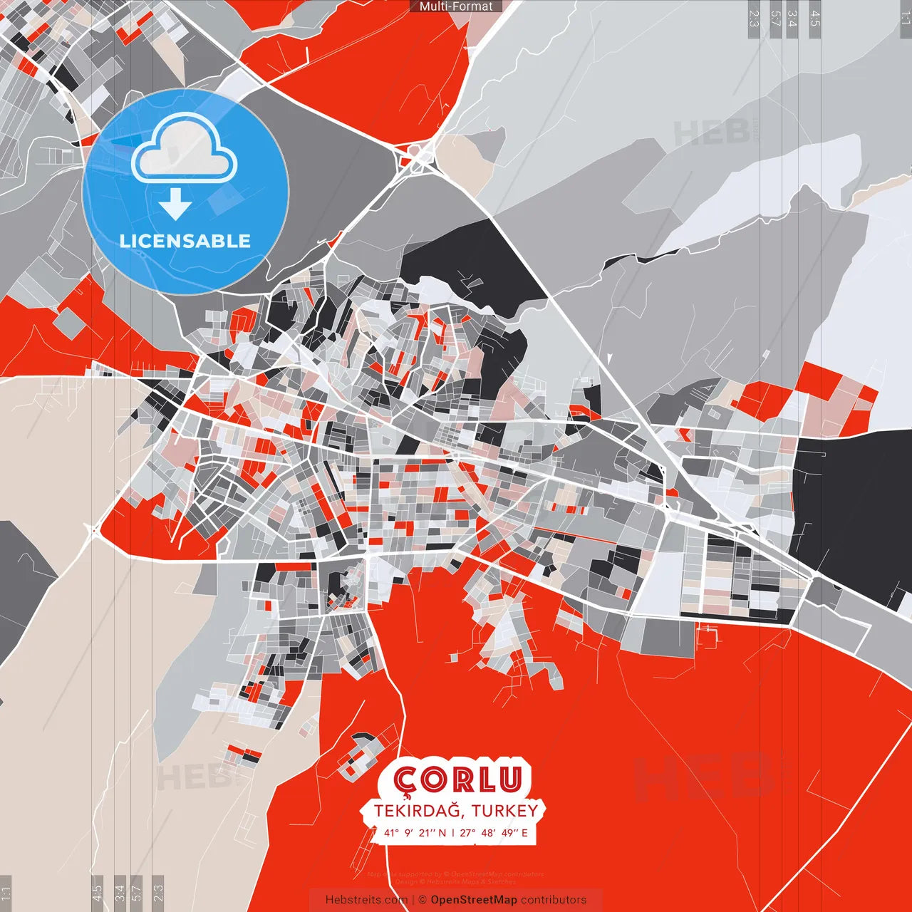 Çorlu, Tekirdağ, Turkey - modern street map poster template with gray and red tones