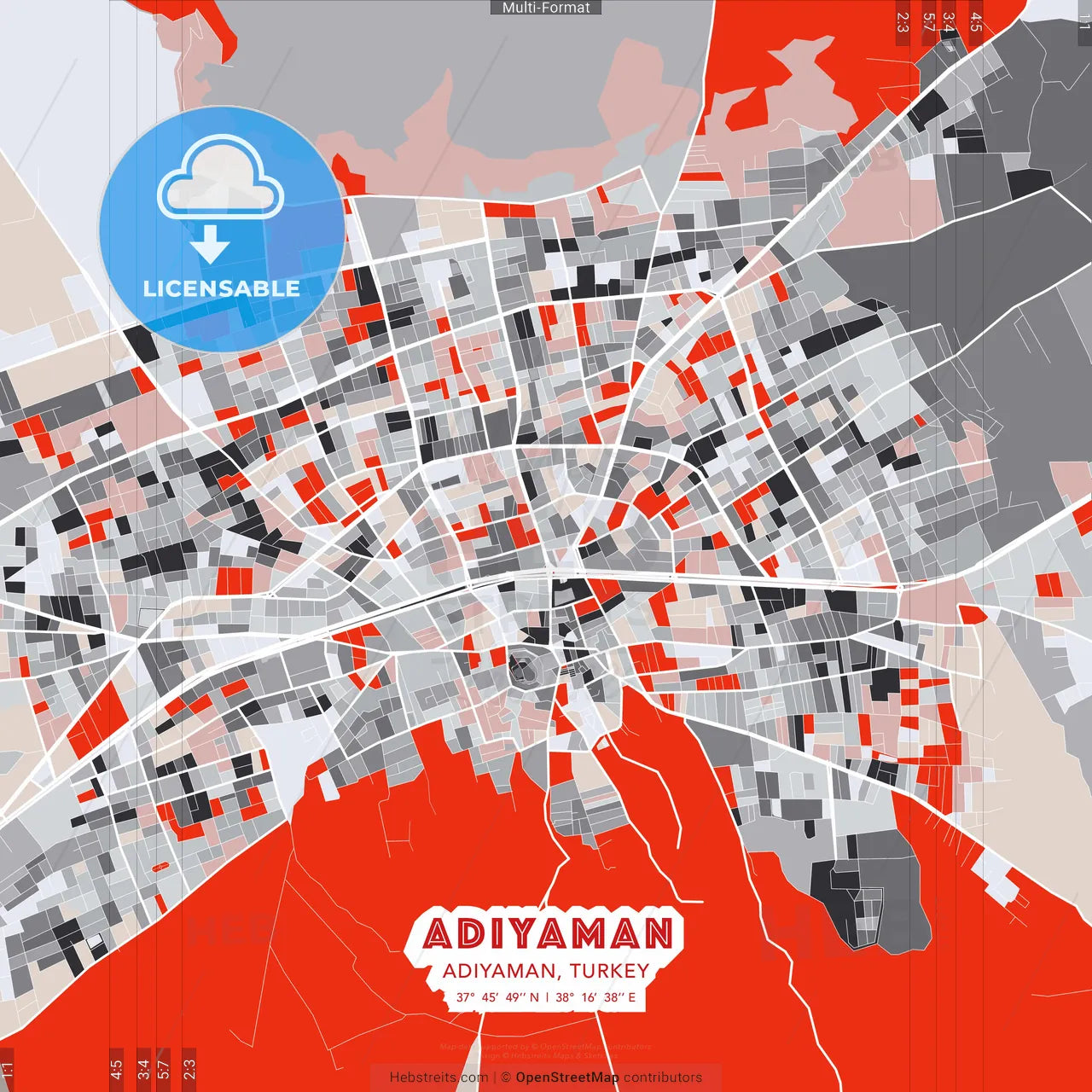 Adıyaman, Adıyaman, Turkey - modern street map poster template with gray and red tones