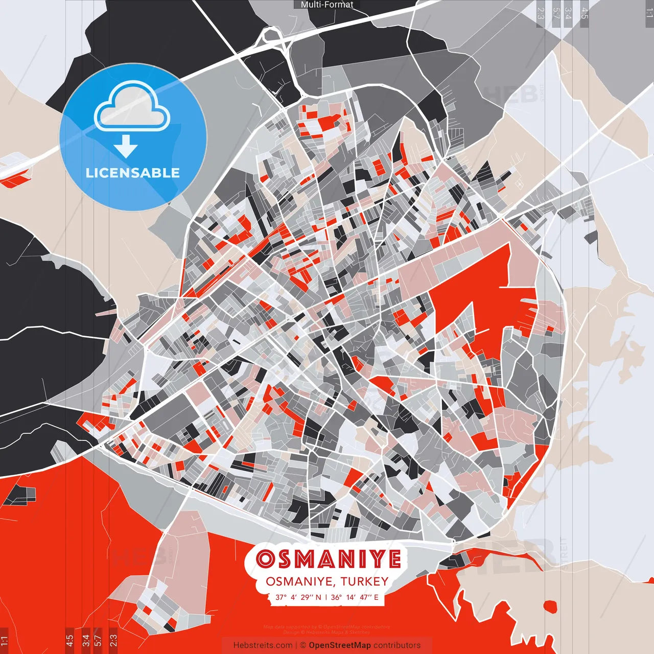 Osmaniye, Osmaniye, Turkey - modern street map poster template with gray and red tones