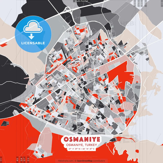 Osmaniye, Osmaniye, Turkey - modern street map poster template with gray and red tones