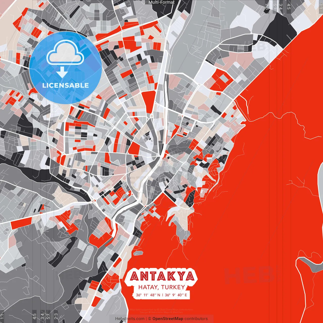 Antakya, Hatay, Turkey - modern street map poster template with gray and red tones
