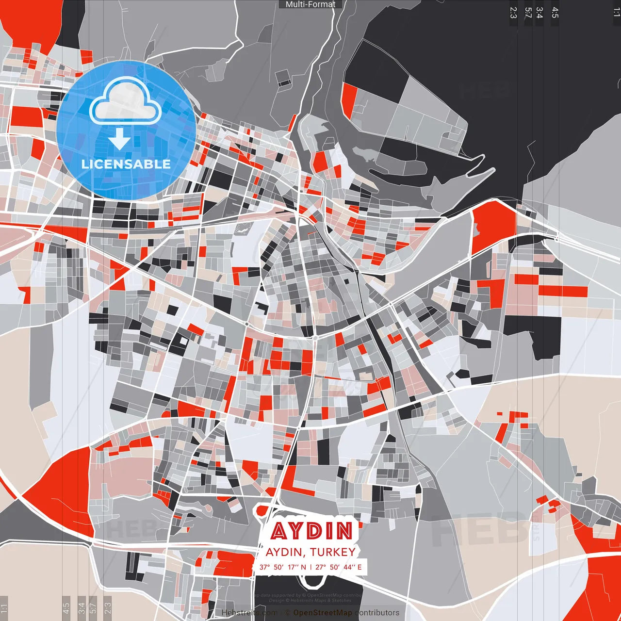 Aydın, Aydın, Turkey - modern street map poster template with gray and red tones