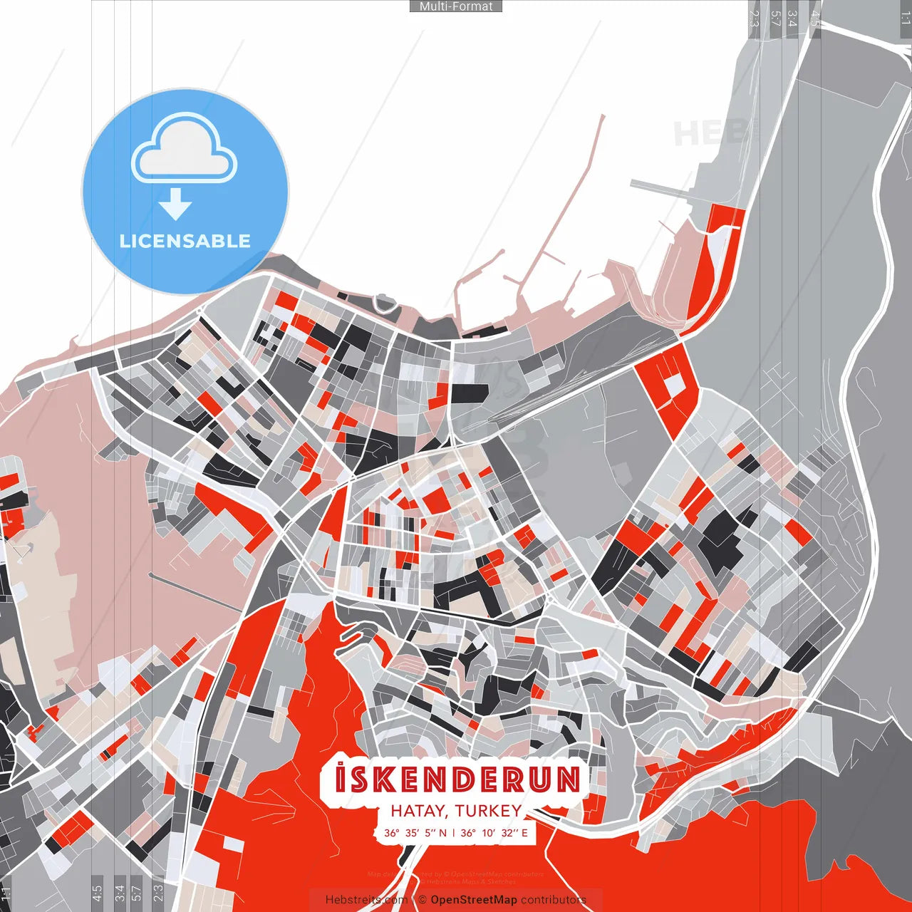 İskenderun, Hatay, Turkey - modern street map poster template with gray and red tones