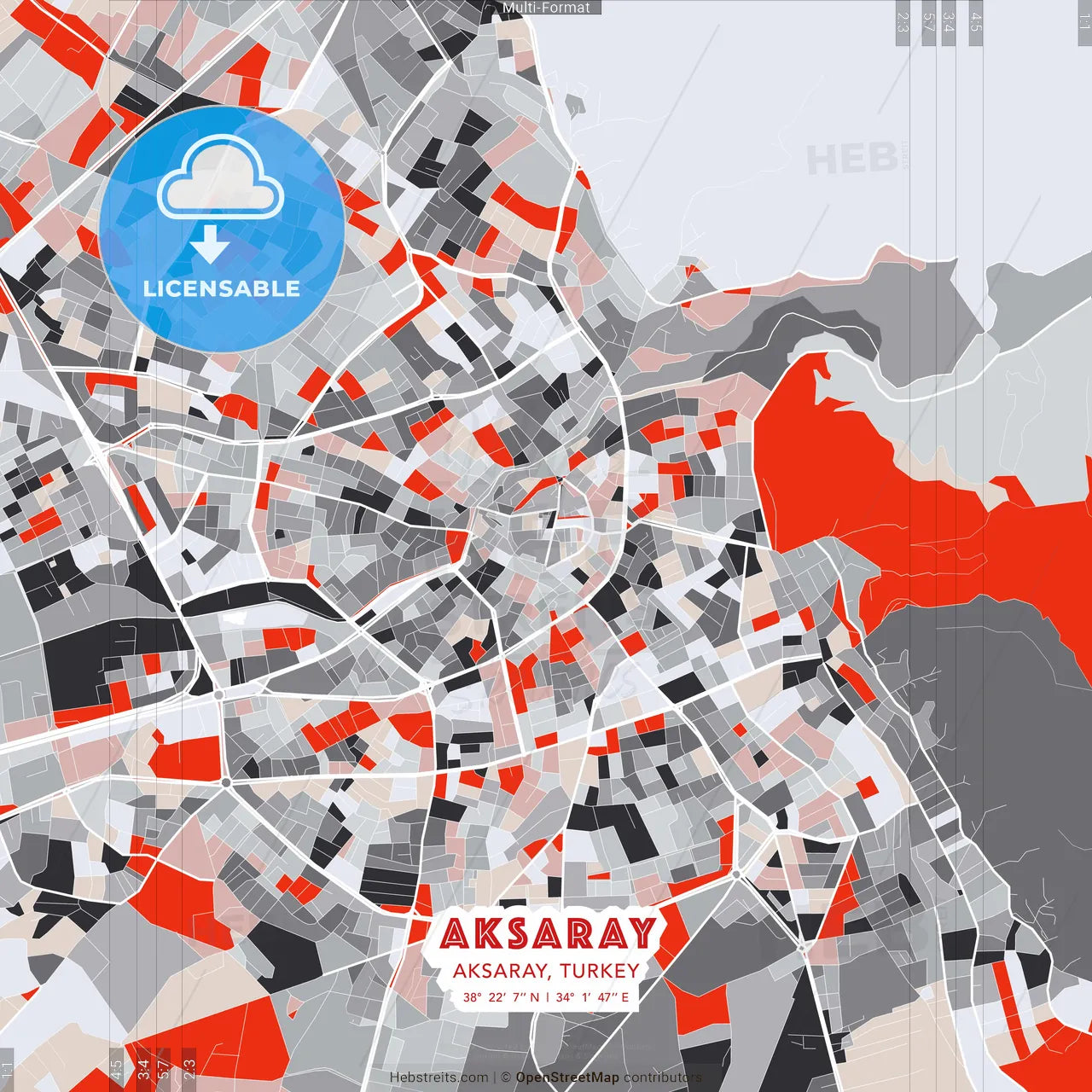 Aksaray, Aksaray, Turkey - modern street map poster template with gray and red tones