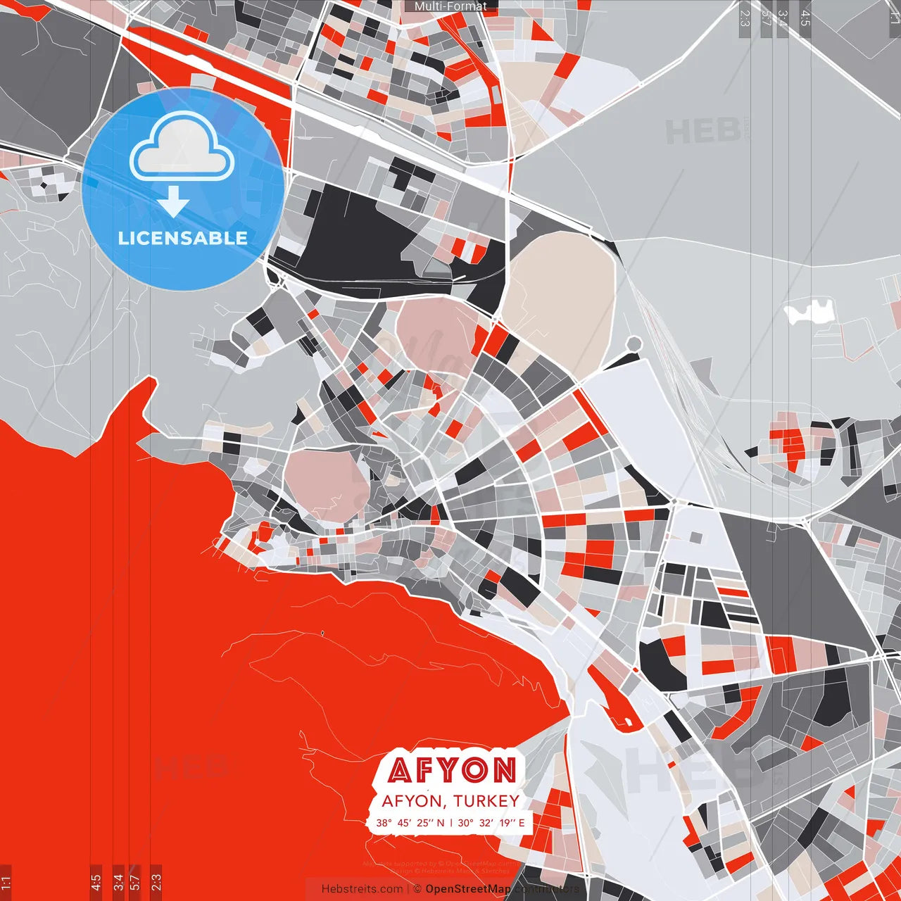 Afyon, Afyon, Turkey - modern street map poster template with gray and red tones