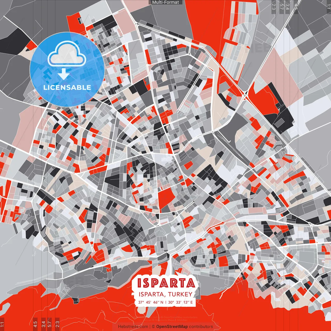 Isparta, Isparta, Turkey - modern street map poster template with gray and red tones