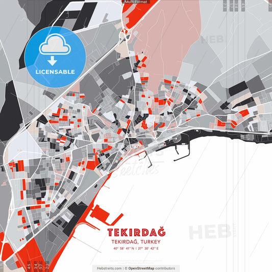 Tekirdağ, Tekirdağ, Turkey - modern street map poster template with gray and red tones