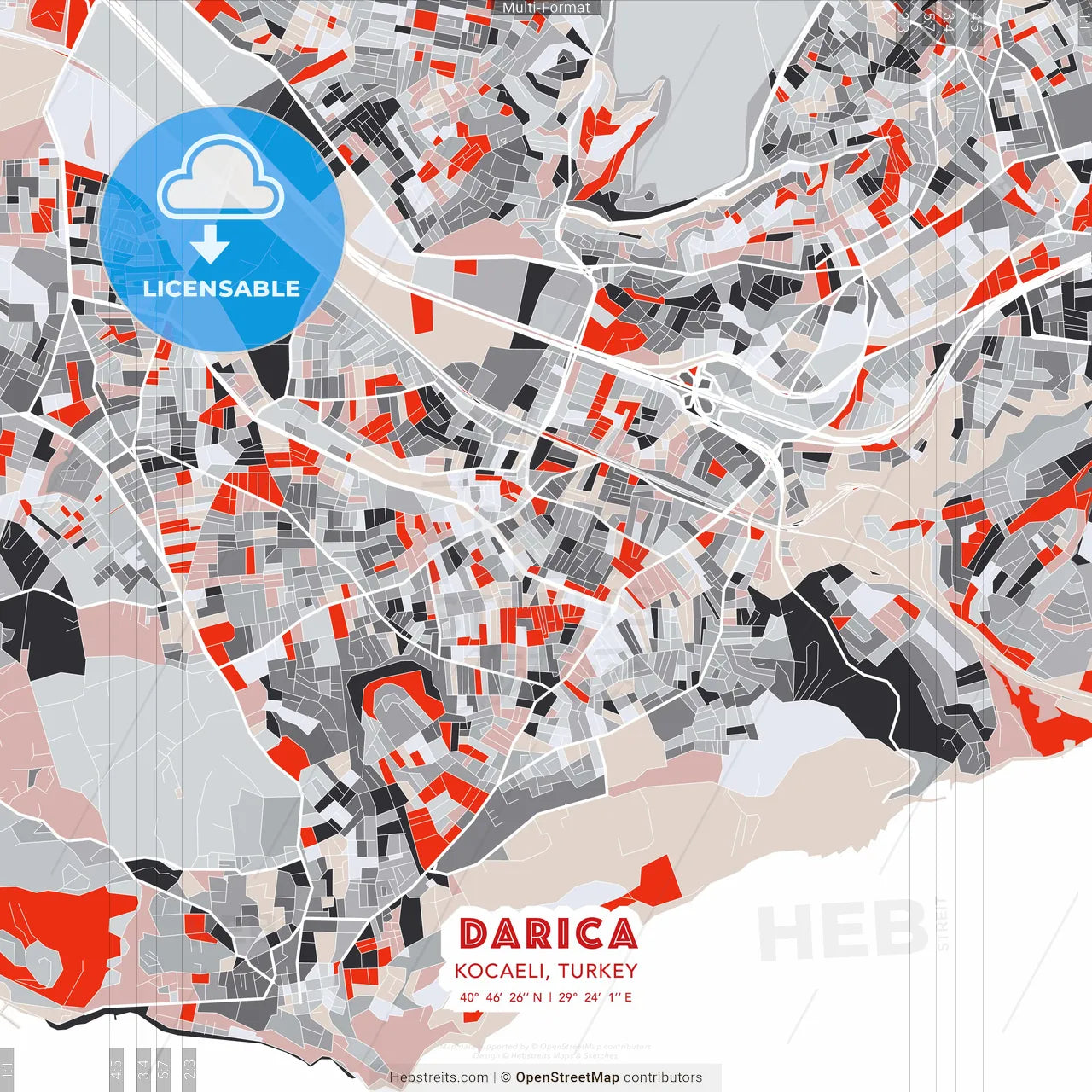 Darıca, Kocaeli, Turkey - modern street map poster template with gray and red tones