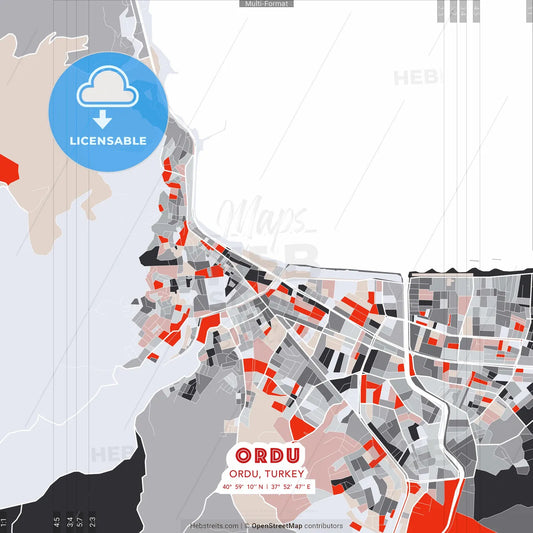Ordu, Ordu, Turkey - modern street map poster template with gray and red tones