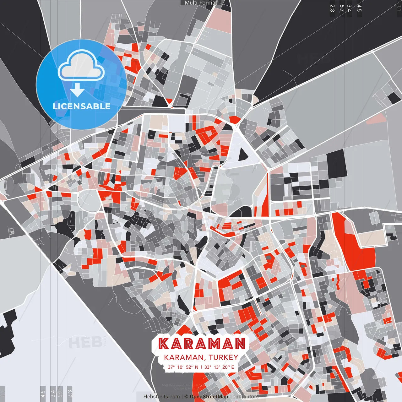 Karaman, Karaman, Turkey - modern street map poster template with gray and red tones