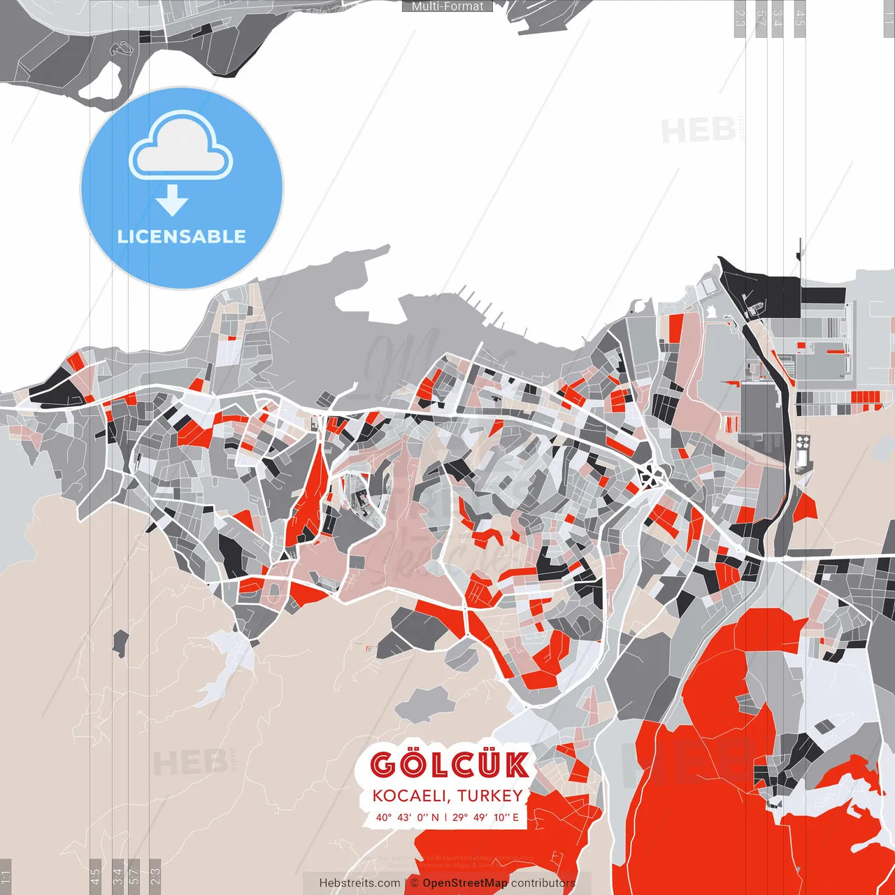 Gölcük, Kocaeli, Turkey - modern street map poster template with gray and red tones