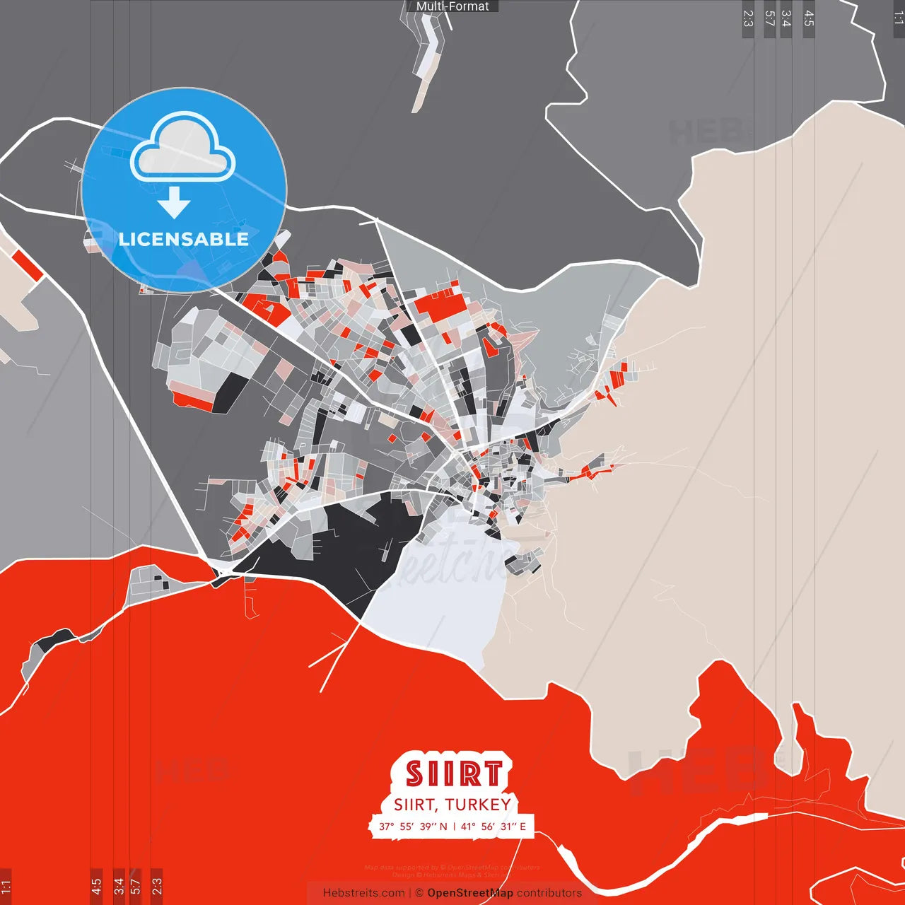 Siirt, Siirt, Turkey - modern street map poster template with gray and red tones