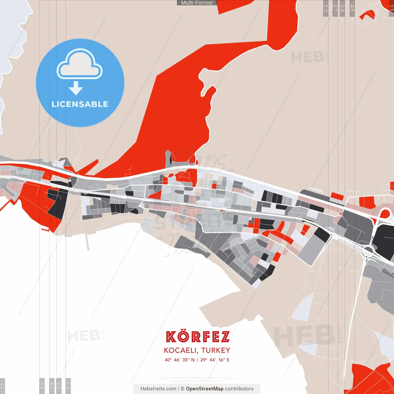 Körfez, Kocaeli, Turkey - modern street map poster template with gray and red tones