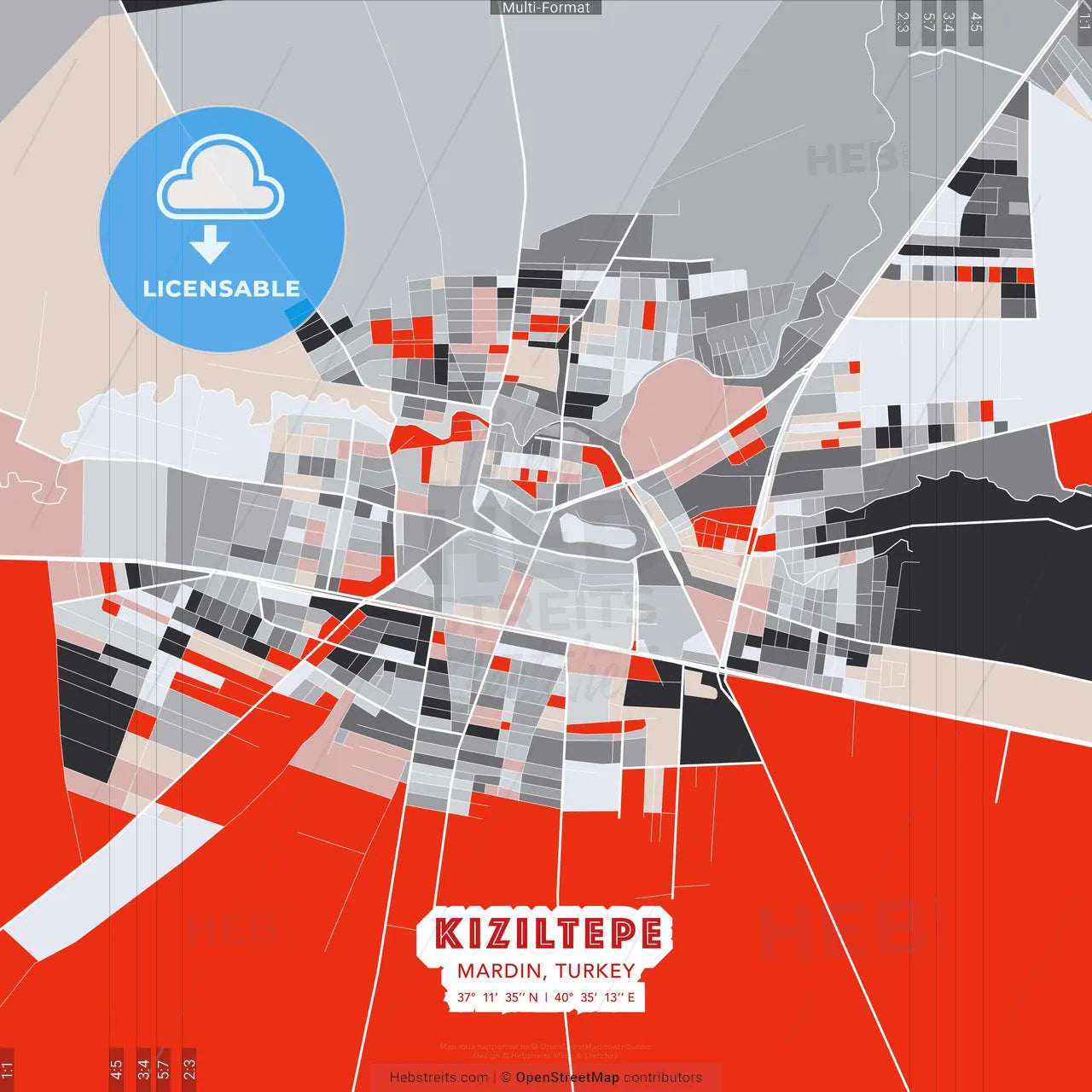 Kızıltepe, Mardin, Turkey - modern street map poster template with gray and red tones