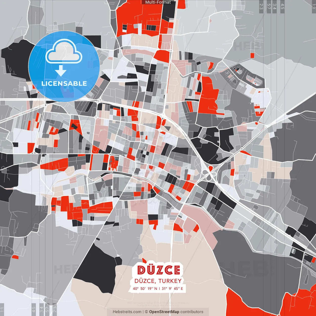 Düzce, Düzce, Turkey - modern street map poster template with gray and red tones