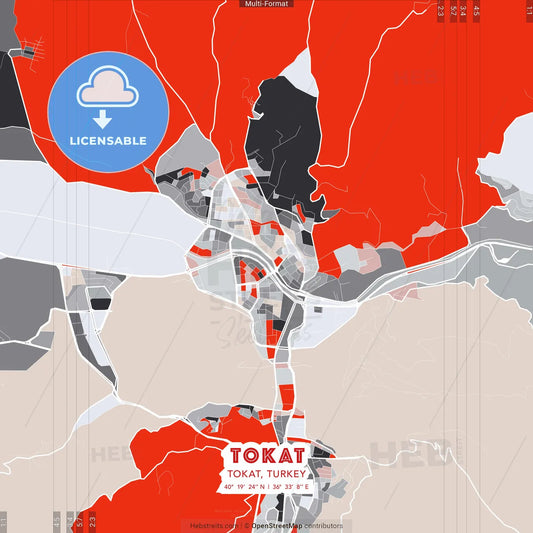 Tokat, Tokat, Turkey - modern street map poster template with gray and red tones