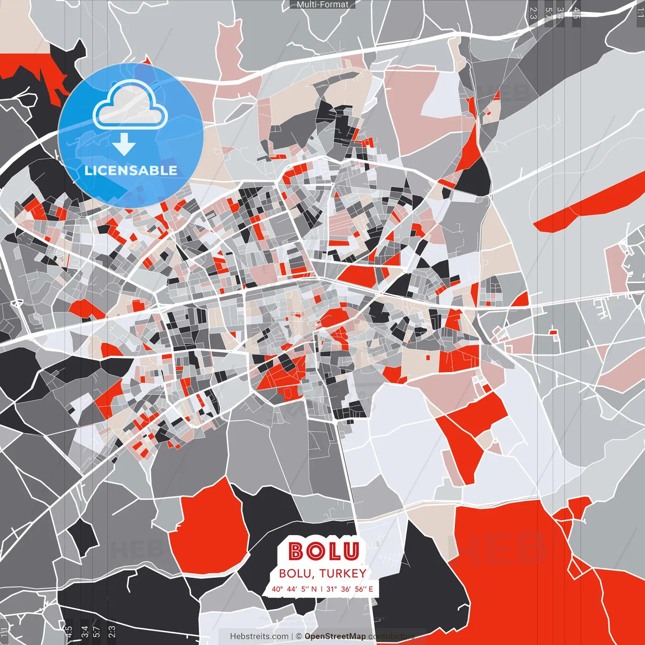 Bolu, Bolu, Turkey - modern street map poster template with gray and red tones