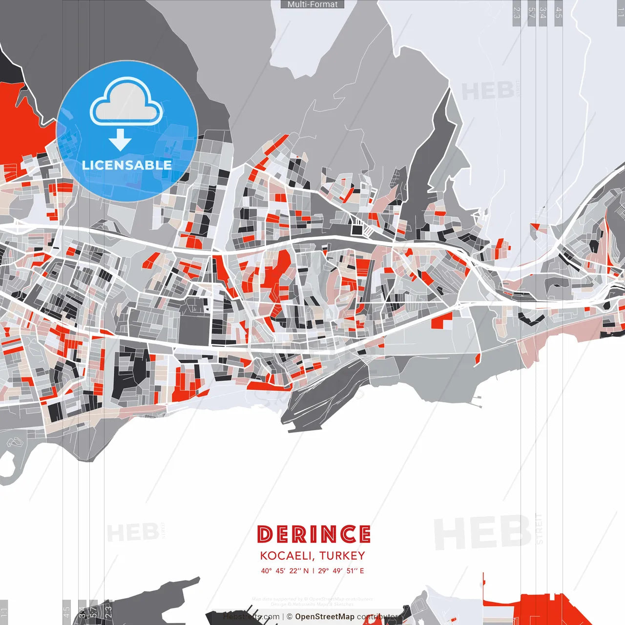 Derince, Kocaeli, Turkey - modern street map poster template with gray and red tones