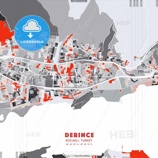 Derince, Kocaeli, Turkey - modern street map poster template with gray and red tones