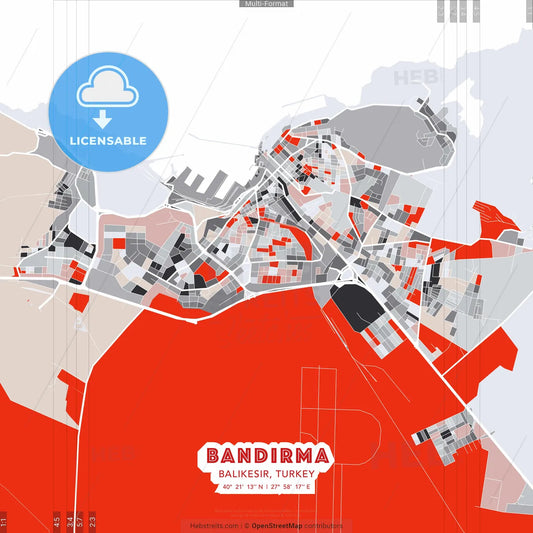 Bandırma, Balıkesir, Turkey - modern street map poster template with gray and red tones