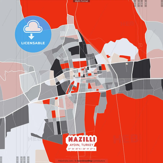 Nazilli, Aydın, Turkey - modern street map poster template with gray and red tones