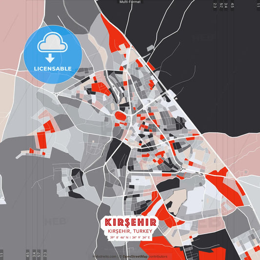 Kırşehir, Kırşehir, Turkey - modern street map poster template with gray and red tones