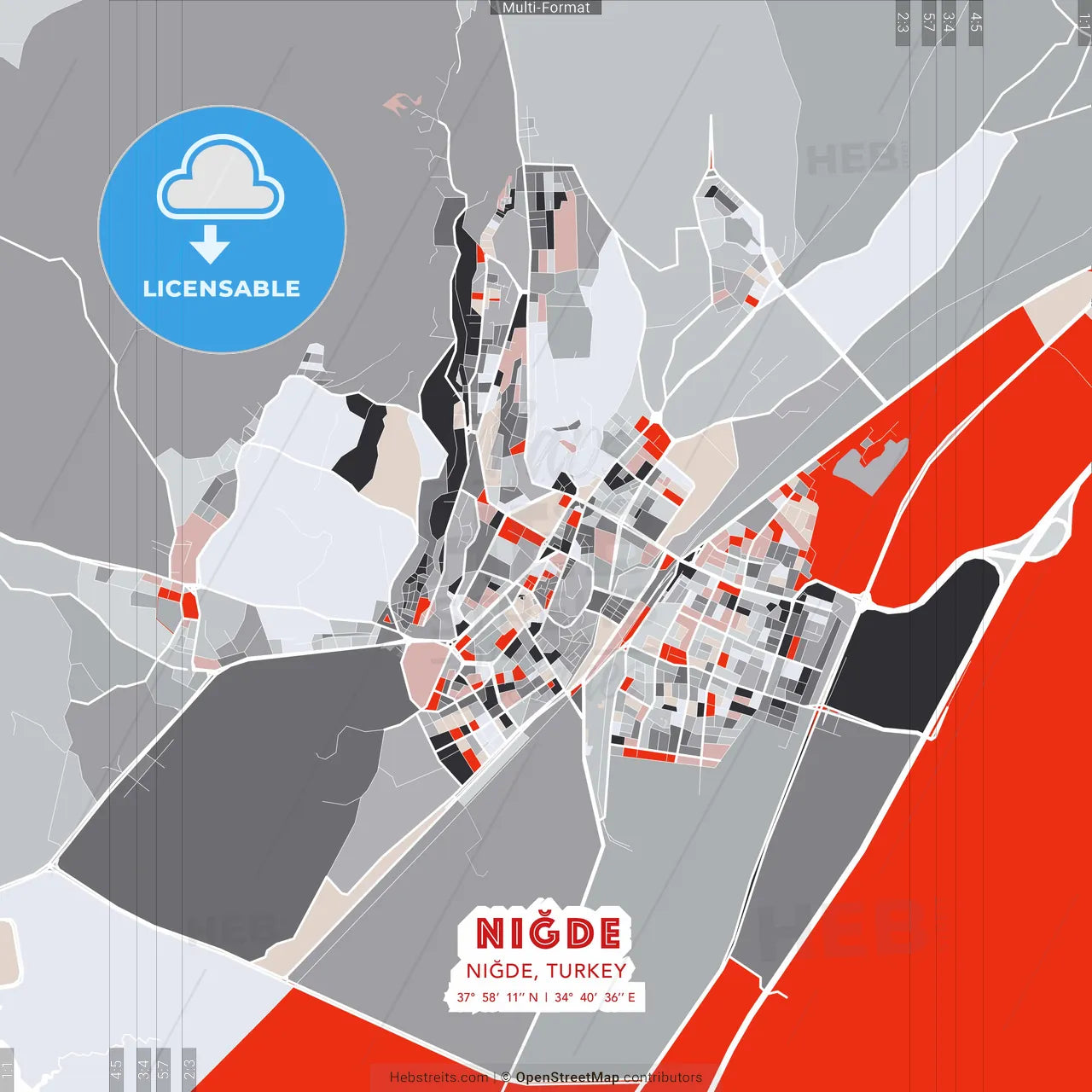 Niğde, Niğde, Turkey - modern street map poster template with gray and red tones