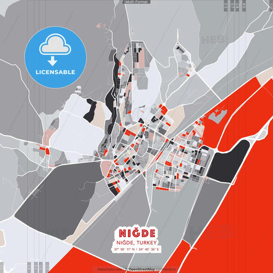 Niğde, Niğde, Turkey - modern street map poster template with gray and red tones
