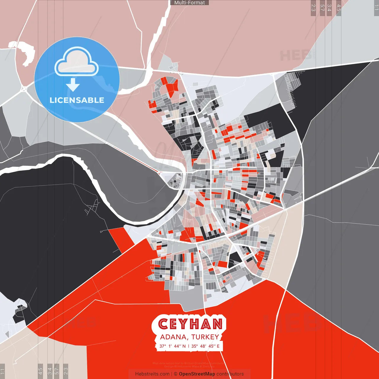 Ceyhan, Adana, Turkey - modern street map poster template with gray and red tones