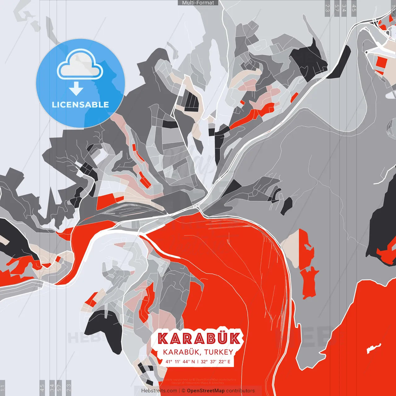 Karabük, Karabük, Turkey - modern street map poster template with gray and red tones