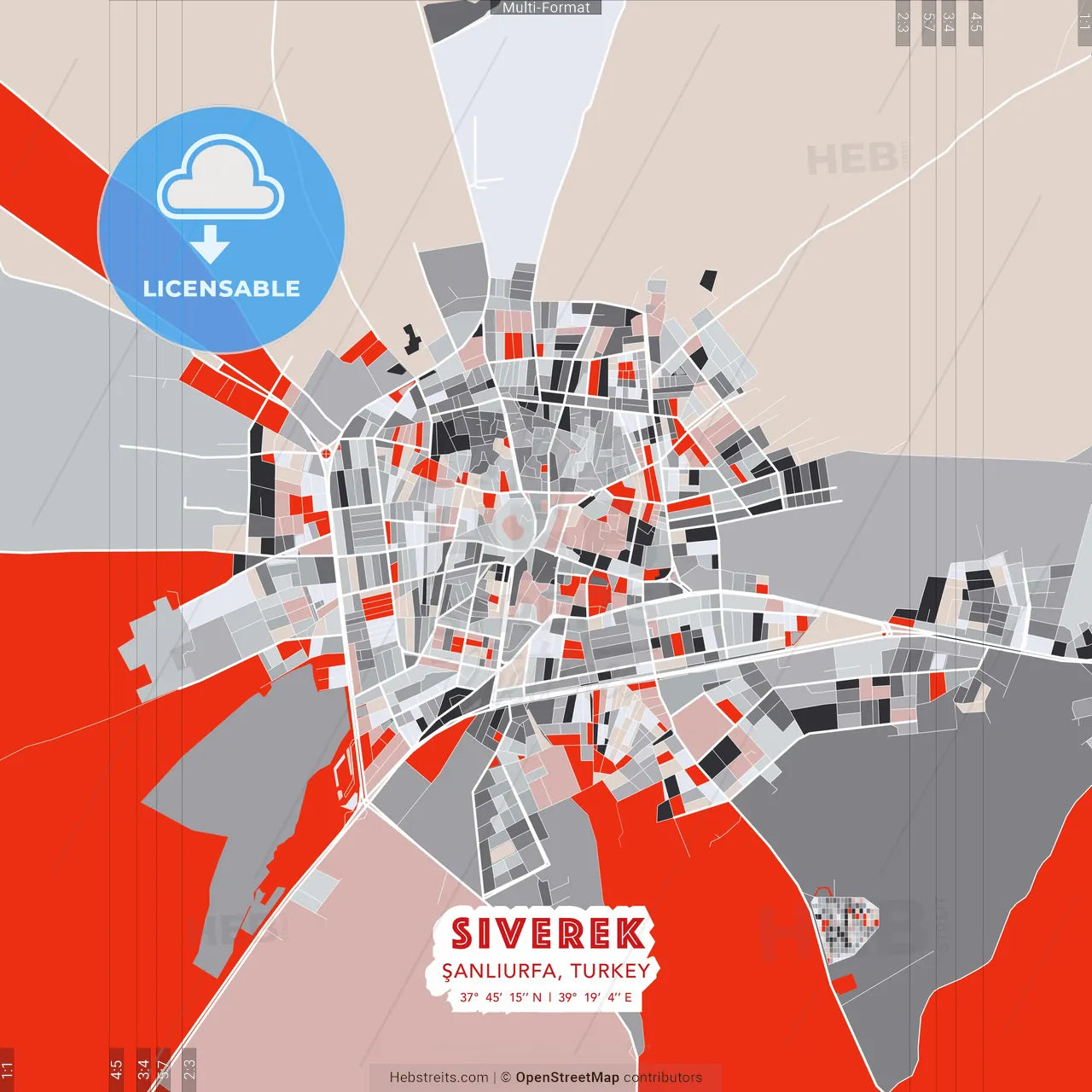 Siverek, Şanlıurfa, Turkey - modern street map poster template with gray and red tones